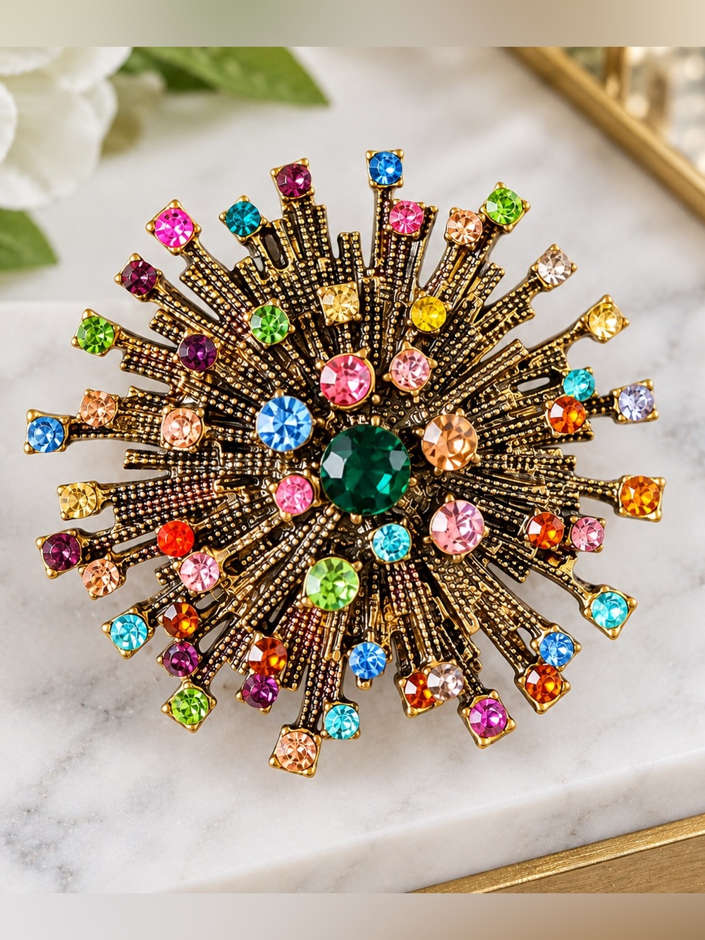 Gold-Tone Multicolor Crystal Starburst Brooch - Women's Jewelry